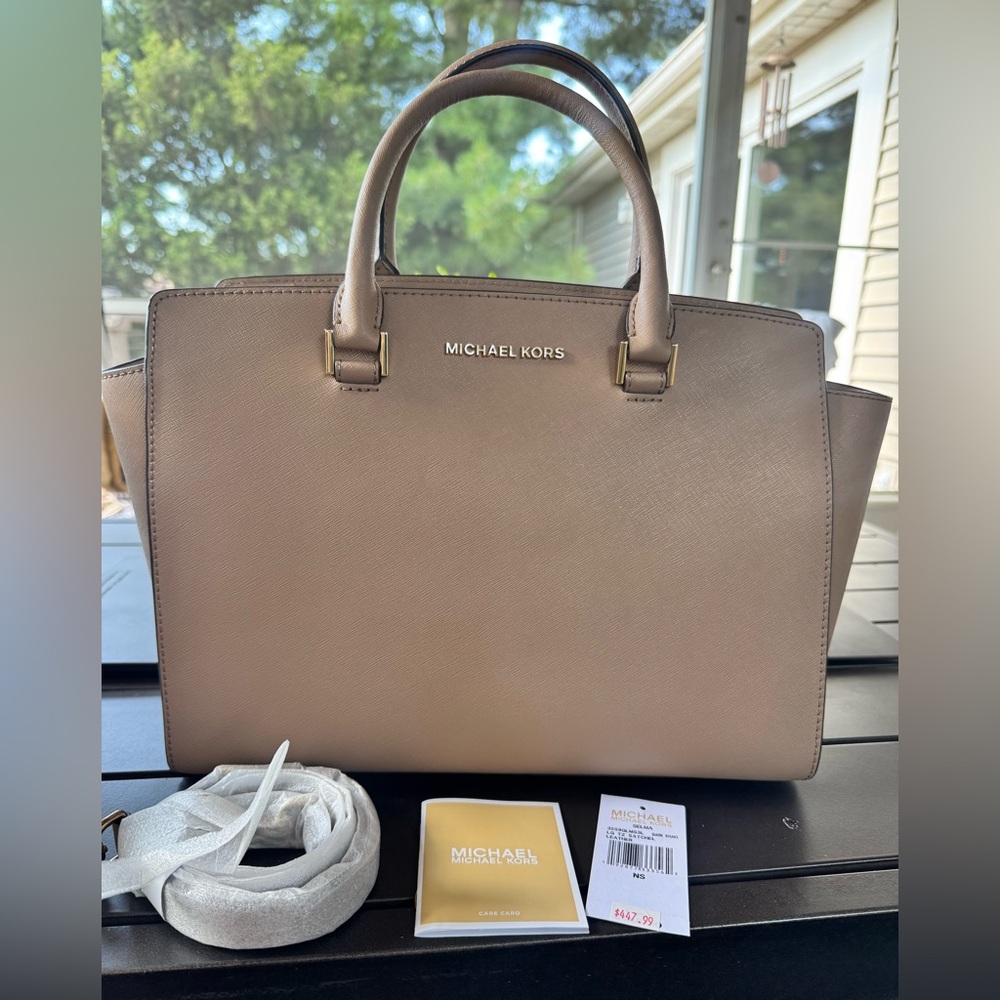 MICHAEL KORS Selma Large Saffiano Leather Bag Top Zip Satchel Dark Khaki